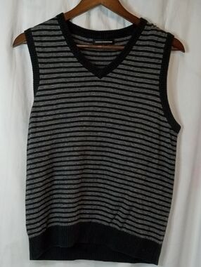 Express Wool Cotton Striped V-Neck Sweater Vest Black & Gray Small Office Goth